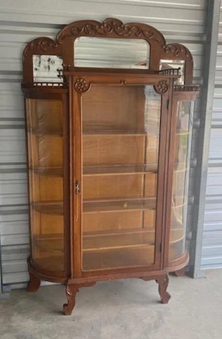 Vintage Antique Oak China Cabinet with Mirrored Top Cover