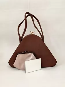 Waldybag Brown Vintage 1950s Fabric Handbag Peach Satin Lining Purse & Mirror - Picture 1 of 24