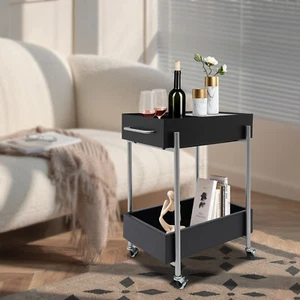 2 Tier Rolling Storage Cart Trolley Kitchen Bathroom Laundry Rolling Rack Black - Picture 1 of 24