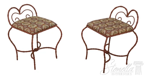 59591EC: Pair Rope Twist Iron Benches w. Upholstered Seats Cover