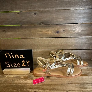 New NIB Big Kids Nina Larsa Gold Beaded Leather Strappy Sandals Size 2 Y - Picture 1 of 6