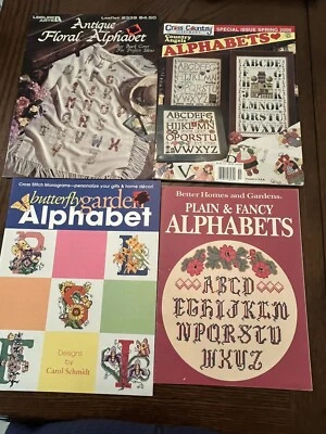 Lot of 4 Counted Cross Stitch Alphabet Patterns Plain Fancy Floral Butterfly…. - Image 1 of 4