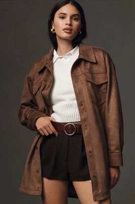 Anthropologie Pilcro  Shacket Brown Tillie Relaxed Faux Suede Preppy Medium NWT - Image 1 of 4