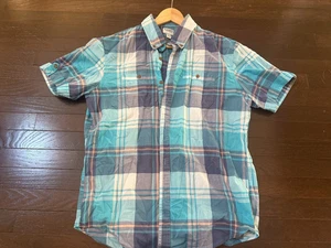Old Navy Shirt Large Button Up SS Collared Blue Multicolor Plaid SLIM - Picture 1 of 2