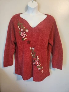 Essentials By Maggie V-Neck Red Rust Color Sweater W/Embroidered Flower Sz 22/24 - Picture 1 of 7