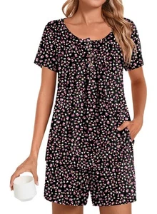 Womens Pajama Sets Plus Size 2 Piece Summer Sleepwear Henley Neck Short Sleev... - Picture 1 of 6