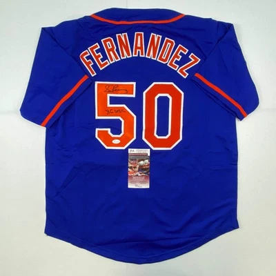 Camiseta deportiva de béisbol azul autografiada/firmada de Sid Fernández 86 WSC certificado de autenticidad JSA Foto 1 de 4