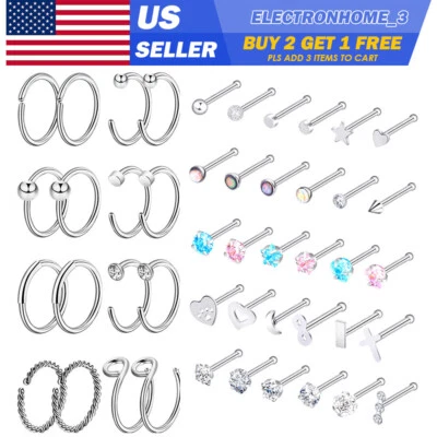 46pcs 20G CZ GEM Nose Rings Straight Bone Studs Set Surgical Steel Nose Piercing - Image 1 of 4