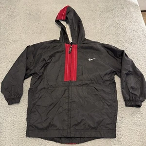 Vintage Nike Hooded Lined Jacket Youth Med 10-12 Red Black Full Zip Swoosh Boys - Picture 1 of 11
