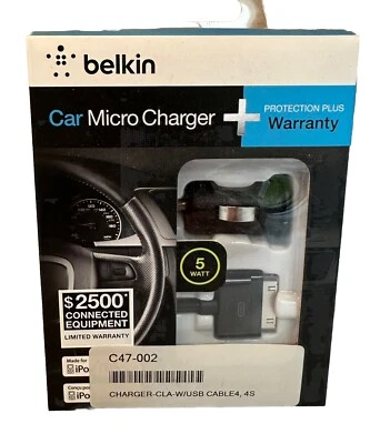 Micro carregador de carro Belkin C47-002 NOVO na caixa. Funciona em iPhone 4 ou 4S ou iPod 4 - Imagem 1 de 3