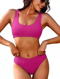 AI'MAGE Women Ribbed Bikini Sets Sporty Swimsuits Scoop Neck Two Piece Bathing.. - Picture 1 of 4