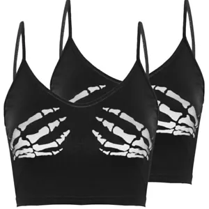 Women's One Piece Tops Sleeveless Human Skeleton Skull Hand Printed Crop Top - Picture 1 of 81