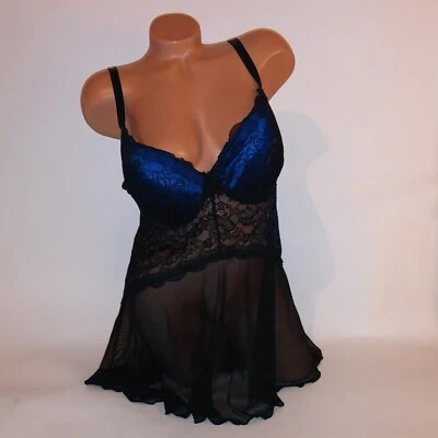 Lencería Jessica Simpson Babydoll Chemise 1X Negro Azul Forrado Tazas Encaje Foto 1 de 4