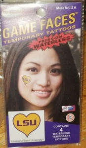New LSU Tiger Game Face 4-Pack Heart Press-On Temporary Tattoos - Picture 1 of 3