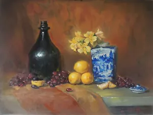 Original Oil Painting Still Life Realism Floral in Blue White Vase Fruit Signed - Picture 1 of 12