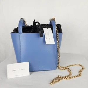 Charles & Keith Blue Mini Crossbody Bucket Bag Purse Chainlink Gold Strap Lined - Picture 1 of 12