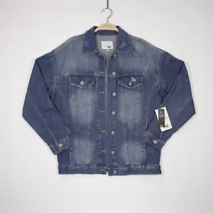 YMI Women's Long Sleeve Button Oversize Boyfriend Distressed Denim Jacket Blue S - Picture 1 of 8