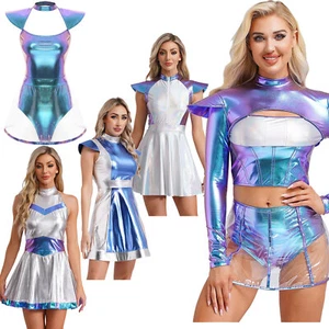 UK Women's Metallic Pleated Dress Space Halloween Party Cosplay Dresses Bodysuit - Picture 1 of 149