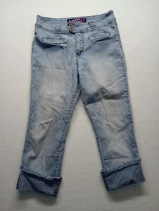 Angels Jeans Women Size 10 Blue Mid Rise Stretch Denim Roll Cuff Capri DISTRESS - Picture 1 of 15