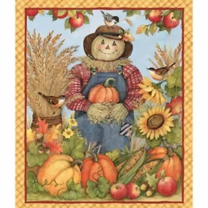 Harvest Scarecrow Pumpkins Apples Sunflowers Wheat Cotton Quilting Fabric Panel - Picture 1 of 1