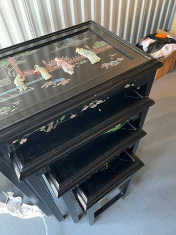 Vintage Oriental Asian 4 Black Nesting Tables W/Glass Tops. Pick up Only Cover
