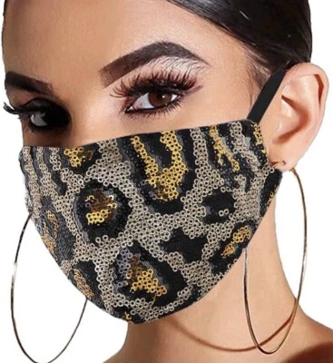 FACE MASK-ANIMAL PRINT-Filter Pocket-BREATHABLE SEQUIN-Reusable -Adjustable - Image 1 of 4
