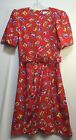 Vintage Leslie Fay rot Blumenmuster Kleid Größe 14 Schulterpolster und Gürtel