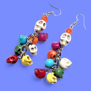 RAINBOW HOWLITE SKULL EARRINGS beaded chain cluster charm bead goth sugar U4 - Picture 1 of 4