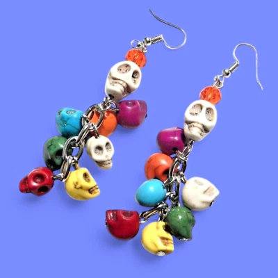 RAINBOW HOWLITE SKULL EARRINGS beaded chain cluster charm bead goth sugar U4 - Image 1 of 4