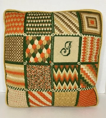 Винтажный 70-х Bargello вышивка 14 x 14 подушка бархата назад зеленое золото оранжевый богемное - Изображение 1 из 4