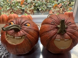 Resin Halloween pumpkin face ornaments two 3in by 2.5 in unique quirky - Picture 1 of 12