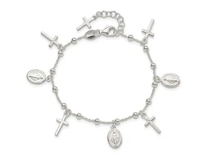 Sterling Silver Cross Miraculous Medal Charm Bracelet (6.25 Inches) - Picture 1 of 4
