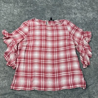 Túnica boho con volantes manga campana a cuadros rosa blanco XXL Chaps Top para mujer Foto 1 de 4