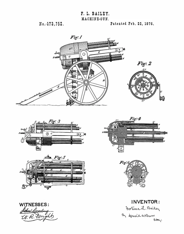 Machine Gun Canon Gatlin Art Print Wall Decor Vintage Retro Patent Art Drawing - Image 1 of 1