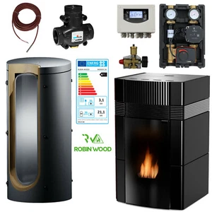 Woody Wassergeführter Pelletofen Komplettset 24 kW Keramik Schwarz Kaminofen - Bild 1 von 12