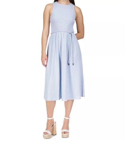 Abito midi Michael Kors cravatta smocked (S blu pastello nuovo con etichette)