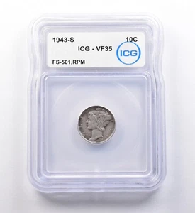 1943-S Mercury Dime FS-501, RPM VF35 ICG *9701 - Picture 1 of 3