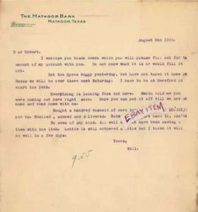1905 carta intestata MATADOR BANK Texas JOHN H. P. JONES banchiere BANKING buggy - Foto 1 di 1