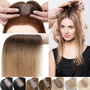 Women Topper Hairpiece Clip In 100% Remy Human Hair Extensions Silk Base Toupee - Picture 1 of 34