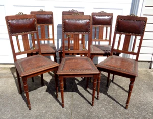 SET OF 6 AUSTRIAN? JUGENDSTIHL? BAHAUS? OAK CHAIRS W/ INLAYS & BRASS TRIM, NICE. - Picture 1 of 12