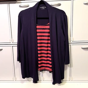 Croft & Barrow Women's Cardigan Top Attached Tank Size L Navy Blue Coral Stripe - Picture 1 of 2