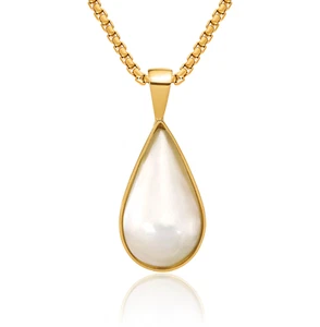 14K Solid Two Tone Gold Teardrop Saltwater Mabe Pearl Necklace - Picture 1 of 10
