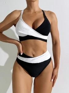Women's Two-Piece Bikini Set With Pleated Wrap Detail And High-Waisted Bottoms - Picture 1 of 10