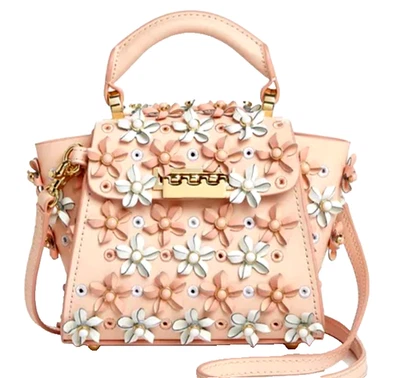 zac posen粉色白色花卉贴花顶部手柄皮革中长包无肩带  — 第 1/3 张图片