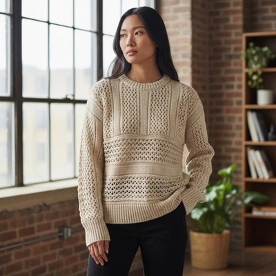 Saltwater Luxe Sweater Womens Open Knit Crew Neck Beige Long Sleeve Size Large - Image 1 of 4