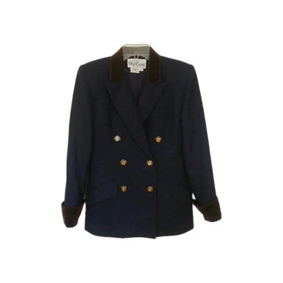 Blazer Oleg Cassini Damas 100% Lana Azul Marino con Borde de Terciopelo Marrón Talla 4 De Colección Línea Completa Foto 1 de 4
