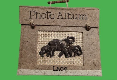 Vintage Laos Photo Album Hand Made Metal Image of Elephants Cloth Photo Sheets  - Image 1 of 4
