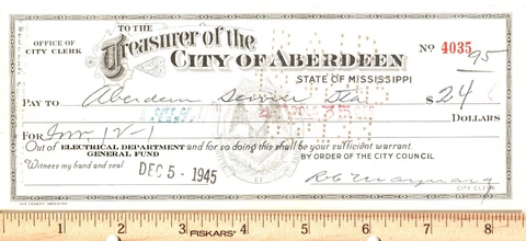 CITY OF ABERDEEN, MISS.  -  OBSOLETE BANK CHECK Cover