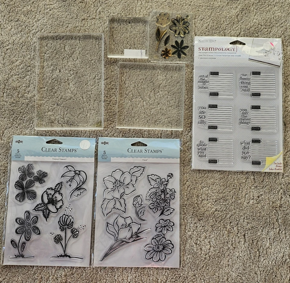Lot 3 ACRYLIC BLOCK 17 NEW Clear Stamps TROPICAL FLOWERS Floral QUOTE Stampology - Image 1 of 2