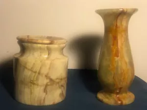 Brown Agate Onyx Covered Caninster and Matching Vase - Picture 1 of 9